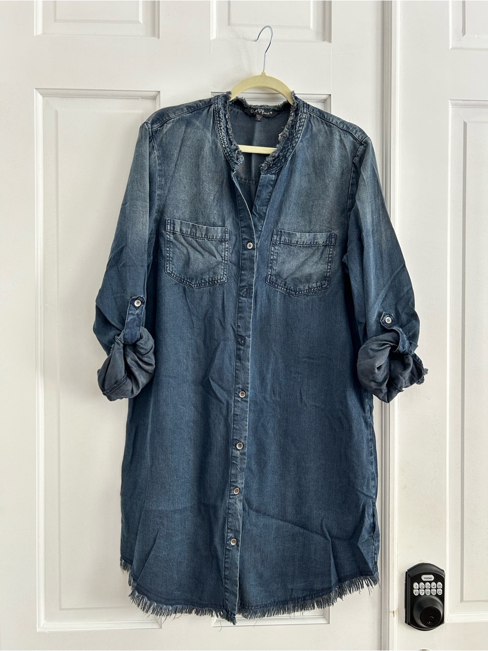 Velvet Heart Frayed Denim Shirt Dress in Blue